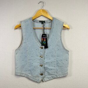 GREEN GODDESS Light Wash Denim Vest Embellished Rhinestones Women's L